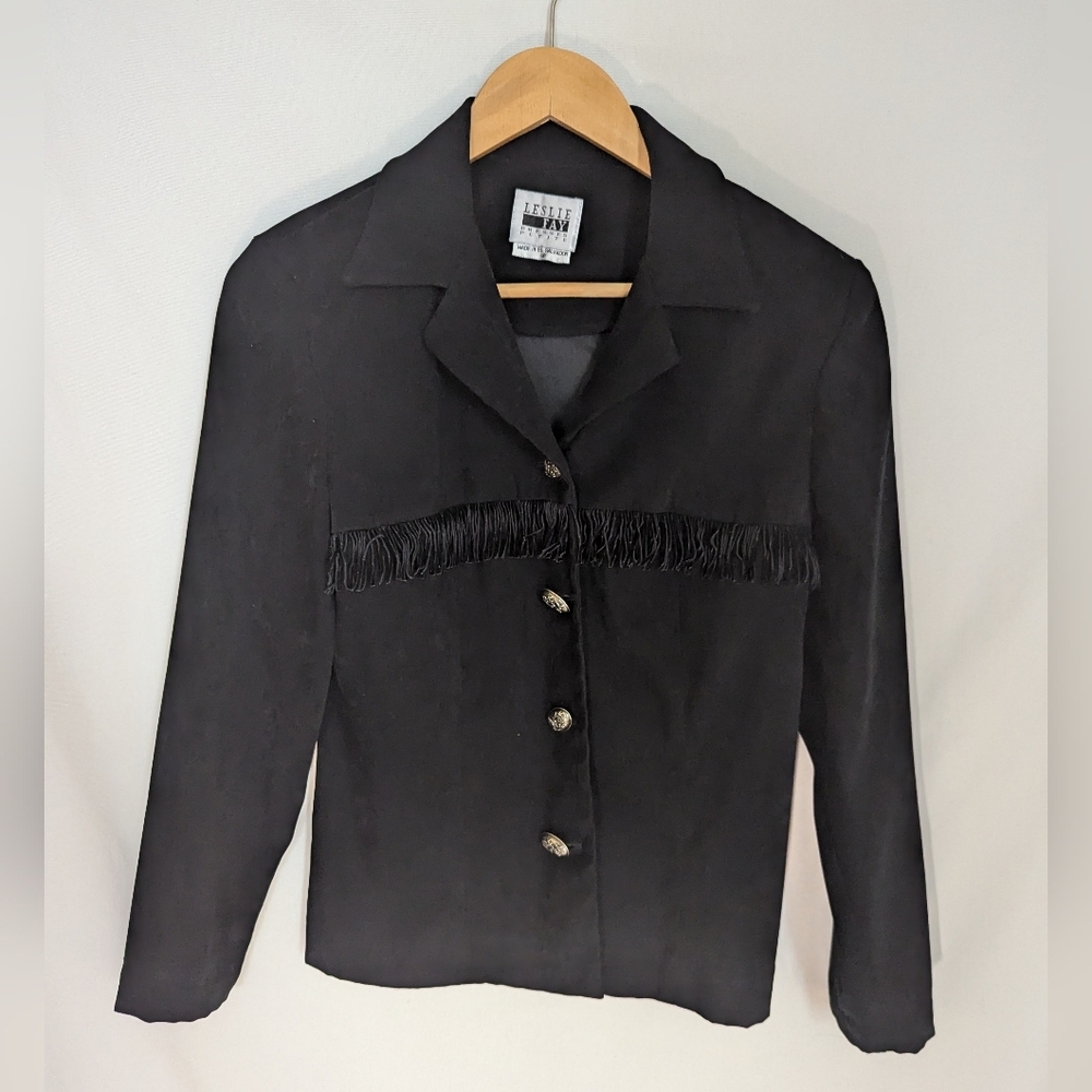 Leslie Fay Women's Size 6P Black Fringe Western Long Sleeve Button Shirt Jacket